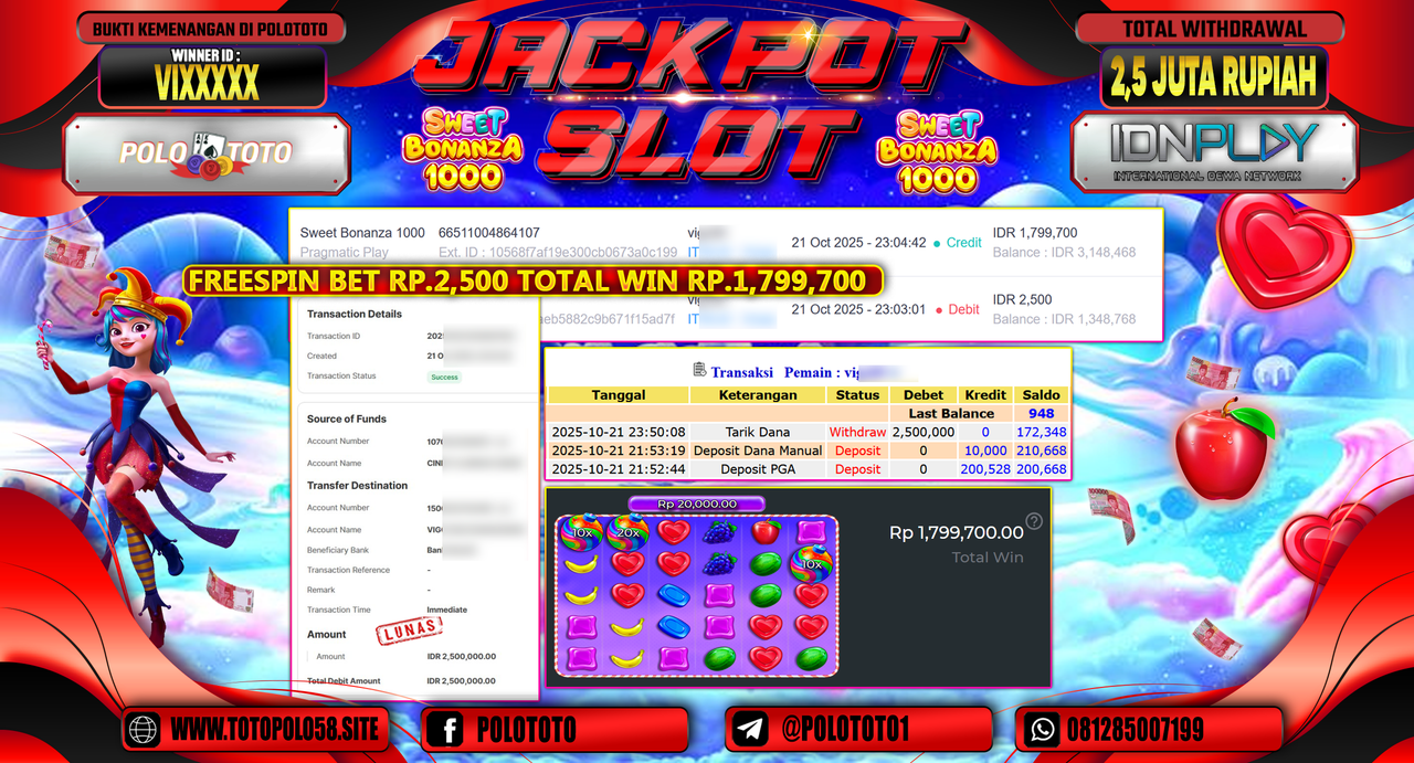 POLOTOTO JACKPOT SLOT SWEET BONANZA 1000 Rp.2.500.000,- LUNAS
