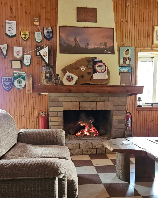The fireplace at the refuge lit with fire