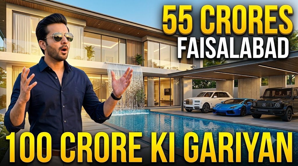 AI-generated example result for the youtube-thumbnail prompt: Travel & Luxury Lifestyle – "55 CRORES / FAISALABAD" | Luxury Travel Vlog Youtube Thumbnail AI YouTube Thumbnail Prompt
