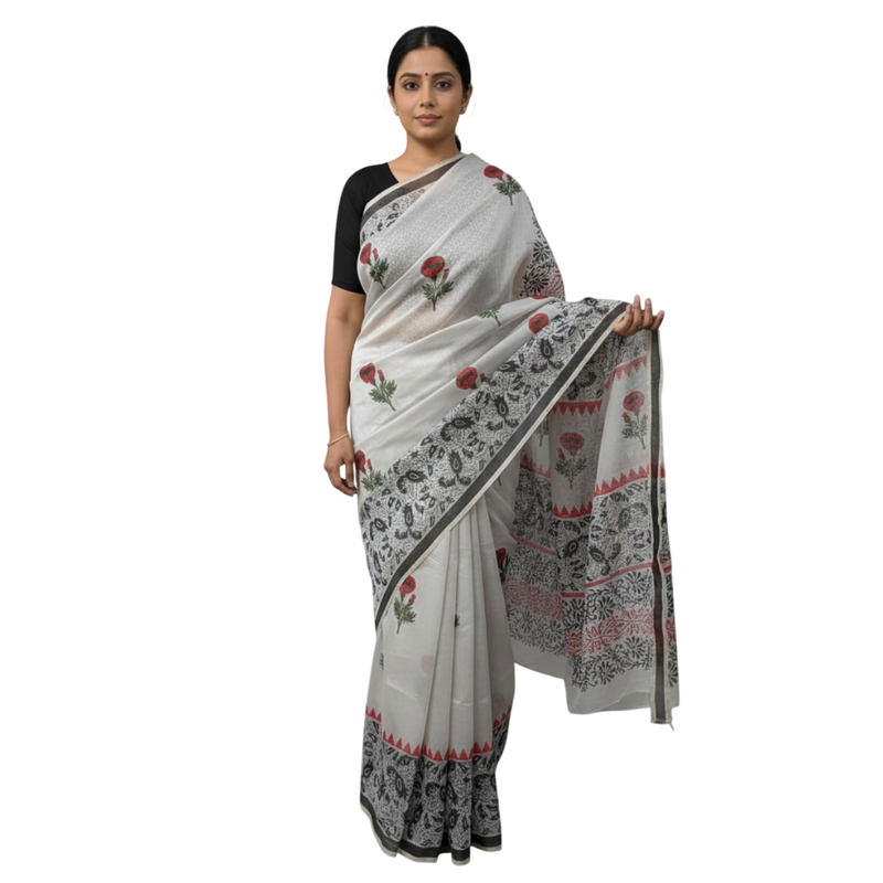 Qyaari by Penkraft Handblock Printed Chanderi Silk Saree - Lightweight Ethnic Wear for Festive & Party Occasions