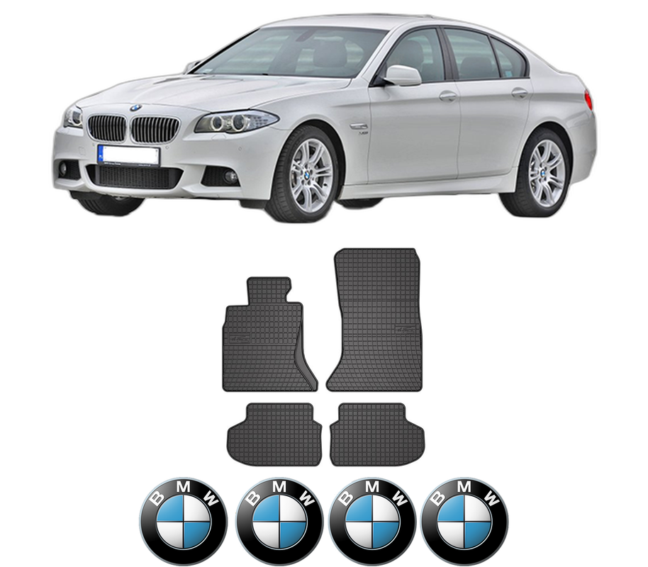 Set covorase presuri BMW Seria 5 (F10) din 2009-2016, auto, din cauciuc thermoplastic, 4 Stickere auto cu BMW Seria
