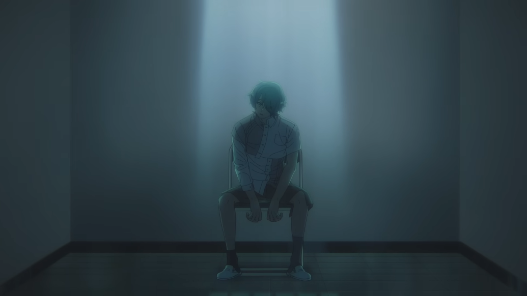 A screenshot from All Knowing and All Agony, where Haruka is slumped over in his chair. His arms are hanging awkwardly in front of him.