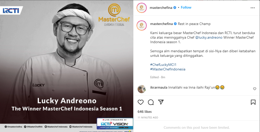 KABAR DUKA Lucky Andreono Juara Masterchef Indonesia Season 1 Meninggal Dunia