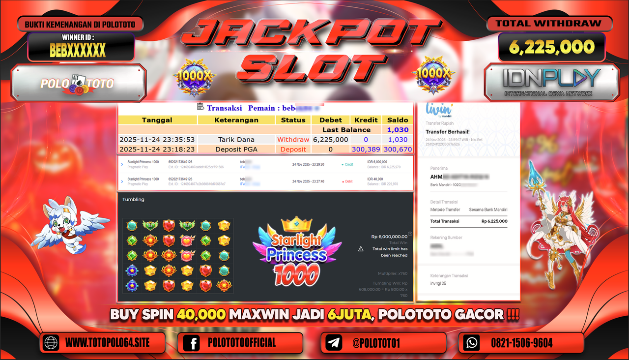 POLOTOTO JACKPOT SLOT STARLIGHT PRINCESS 1000 Rp.6.225.000,- LUNAS