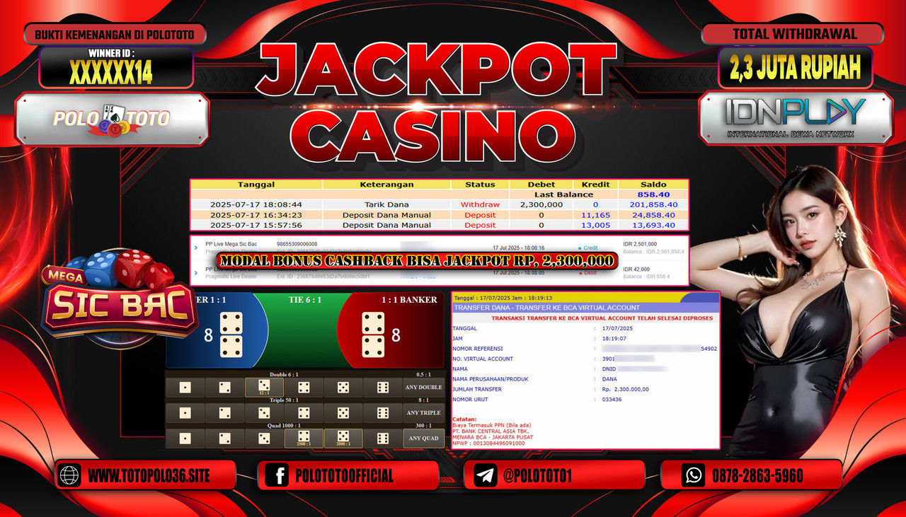 POLOTOTO JACKPOT CASINO PP LIVE MEGA SIC BAC Rp.2.300.000,- LUNAS