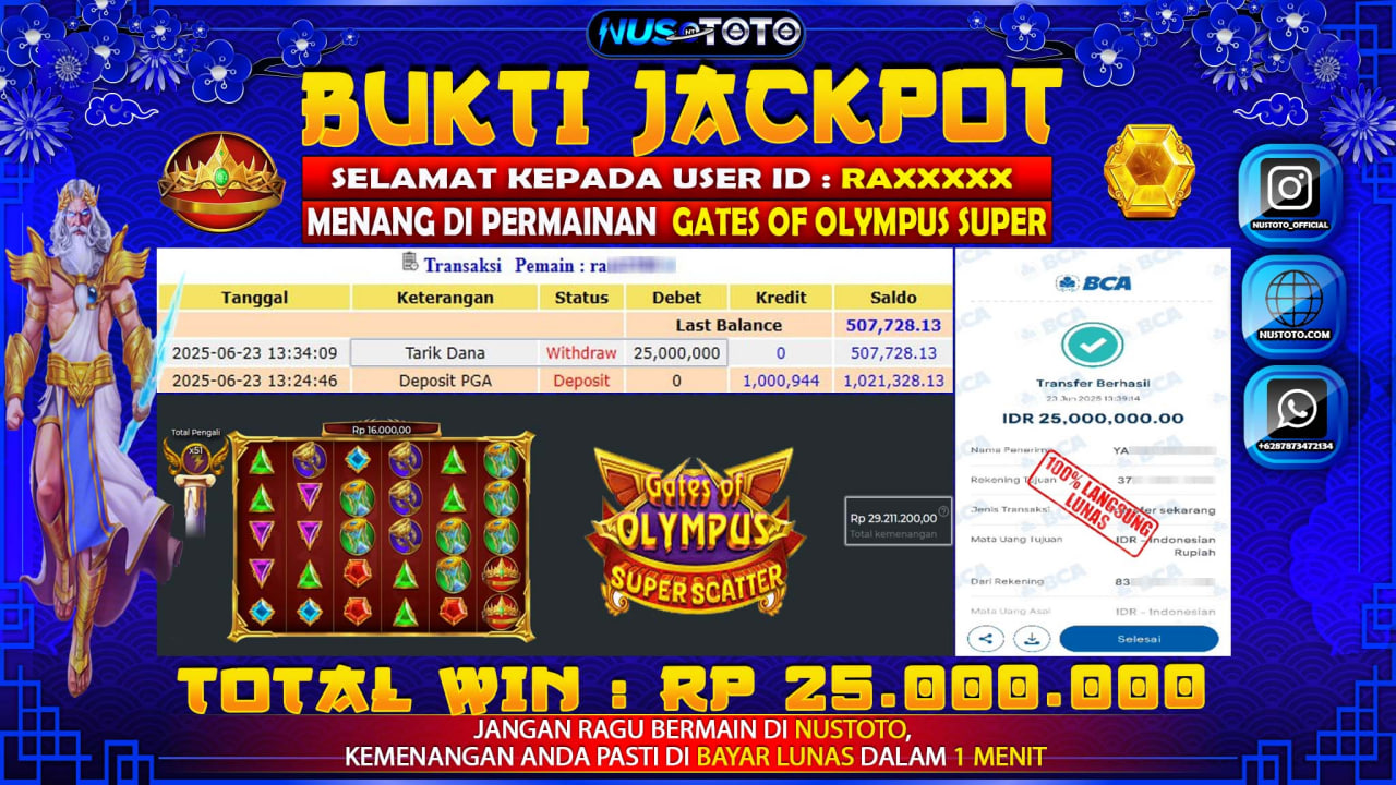 JACKPOT !! MENANG BESAR DI SLOT GATES OF OLYMPUS SUPER SCATTER Rp. 25.00.000 LANGSUNG DI BAYAR LUNAS NUSTOTO !!