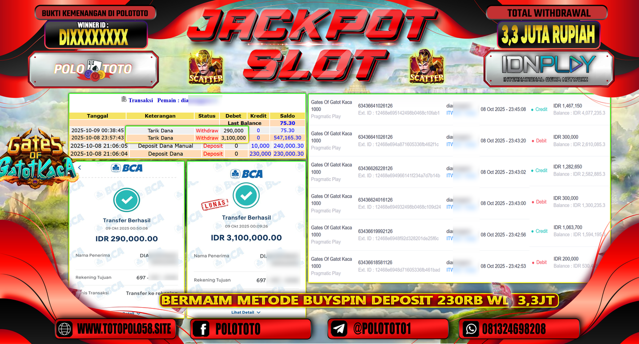 POLOTOTO JACKPOT SLOT GATES OF GATOT KACA 1000 Rp.3.300.000,- LUNAS