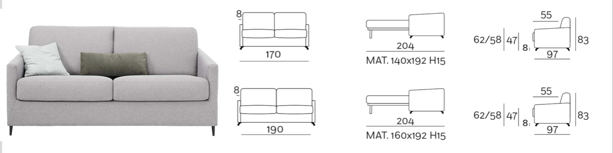 Dimensions canapé convertible Téo — 3 places 170 cm et 3,5 places 190 cm — couchage 140 et 160 cm