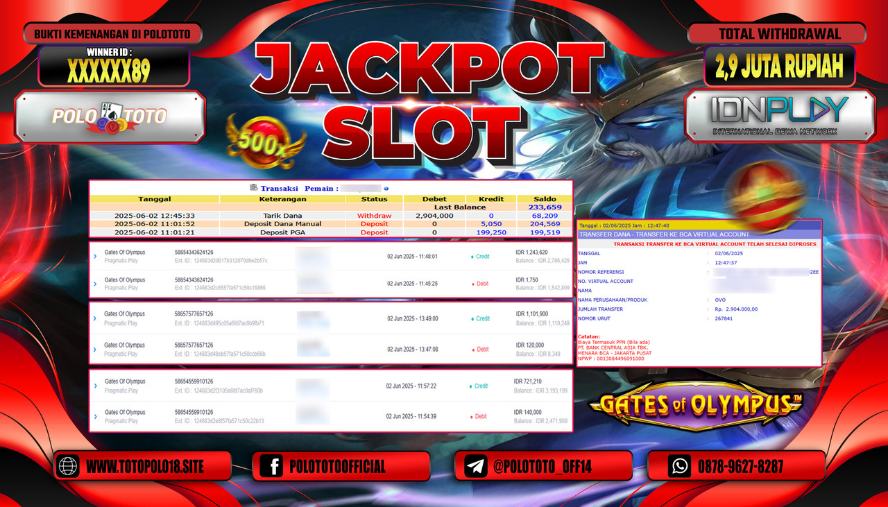 POLOTOTO JACKPOT SLOT GATES OF OLYMPUS Rp.2.904.000,-