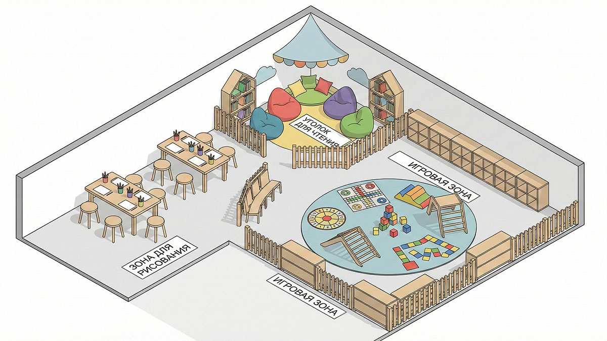 Схема зонирования детской площадки: зона творчества, игровая и тихий уголок