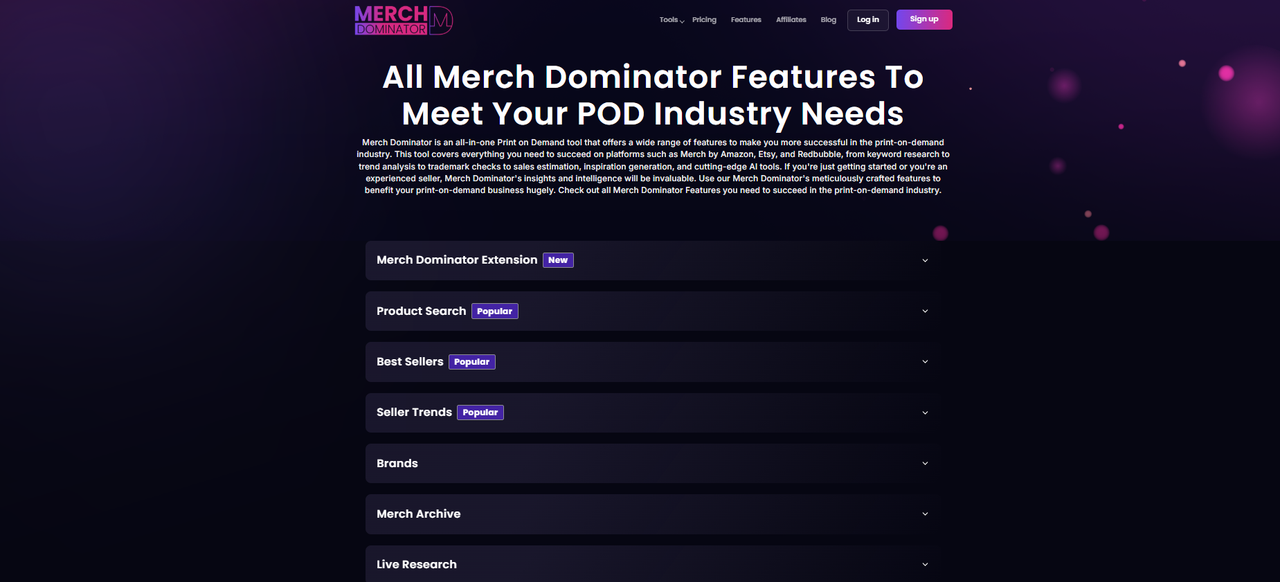 Overview of Merch Dominator features including trademark search, keyword research, and AI-powered listing tools