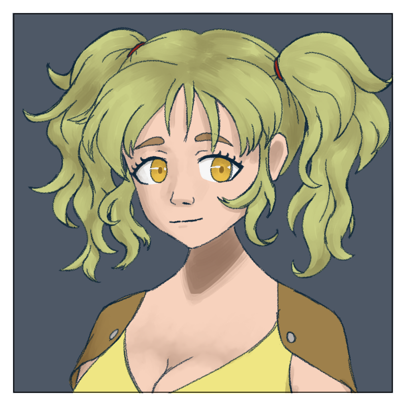 An image of Saffron from the shoulders up. Saffron is a very pale 
    woman with rounded gold eyes. Her hair, a light muted olive color, is arranged into two wavy pigtails which fall to the shoulder. She is 
    wearing a cool brown capelet garment over a yellow v-neck tank top.