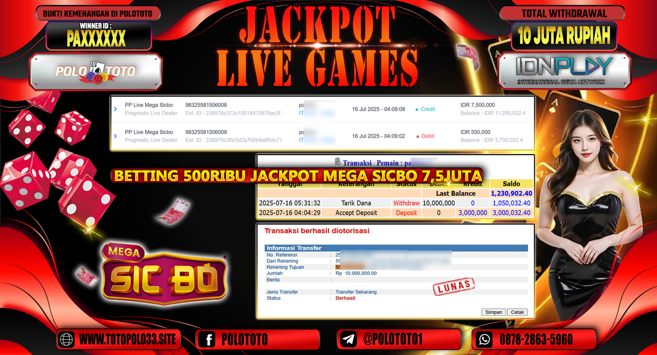 POLOTOTO JACKPOT LIVE GAMES PP LIVE MEGA SICBO Rp.10.000.000,-