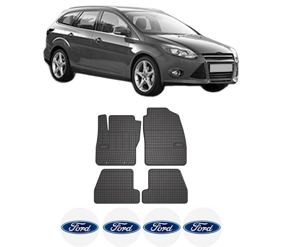 Set covorase presuri FORD FOCUS III Turnier din 2010-2020, auto, din cauciuc thermoplastic, 4 Stickere auto cu FORD