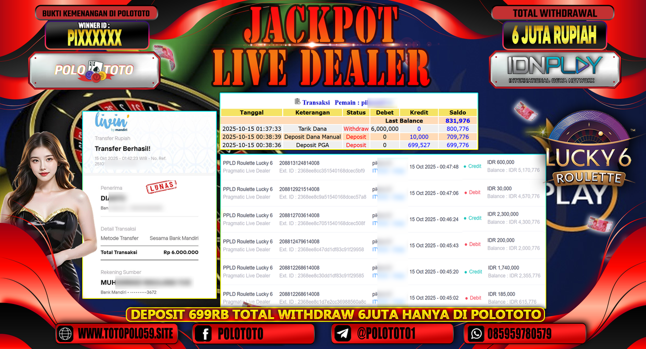 POLOTOTO JACKPOT LIVE DEALER PPLD ROULETTE LUCKY 6 Rp.6.000.000,- LUNAS