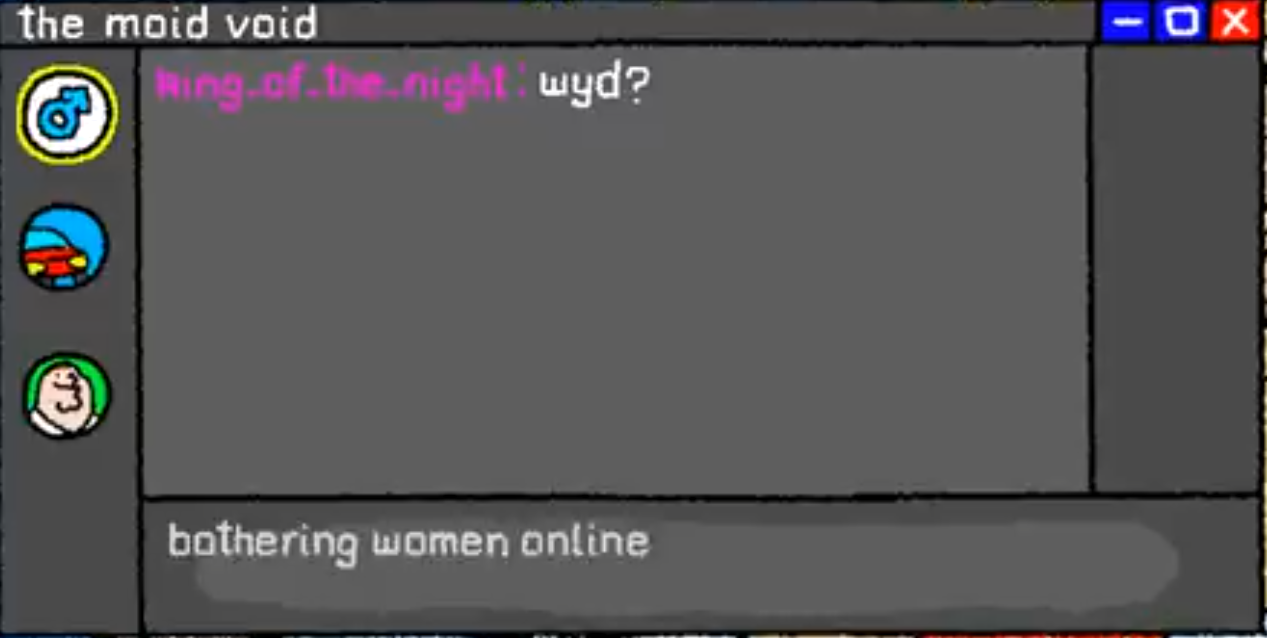 a discord server called the moid void with a mars symbol as the server icon has only king of the night's message asking wyd? A character types the response at the bottom bothering women online
