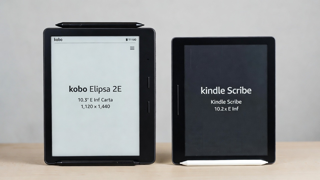 Kobo Elipsa 2E and Kindle Scribe side by side comparison of large-screen e-readers