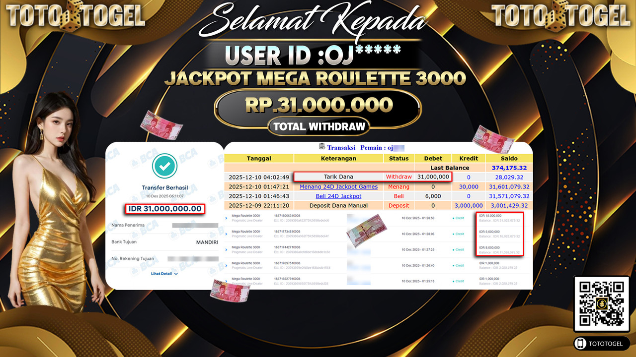 Bukti Pembayaran Jackpot Permainan Pragmatic Live Mega Roulette 3000 ID:OJ***** LUNAS