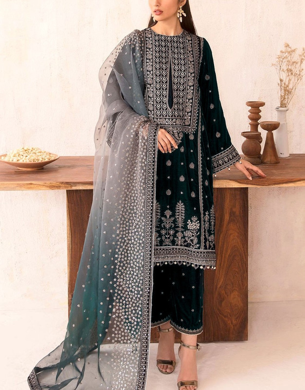 Luxury Heavy Embroidered Velvet Suit | Tie & Die Organza Dupatta & Raw Silk Trouser