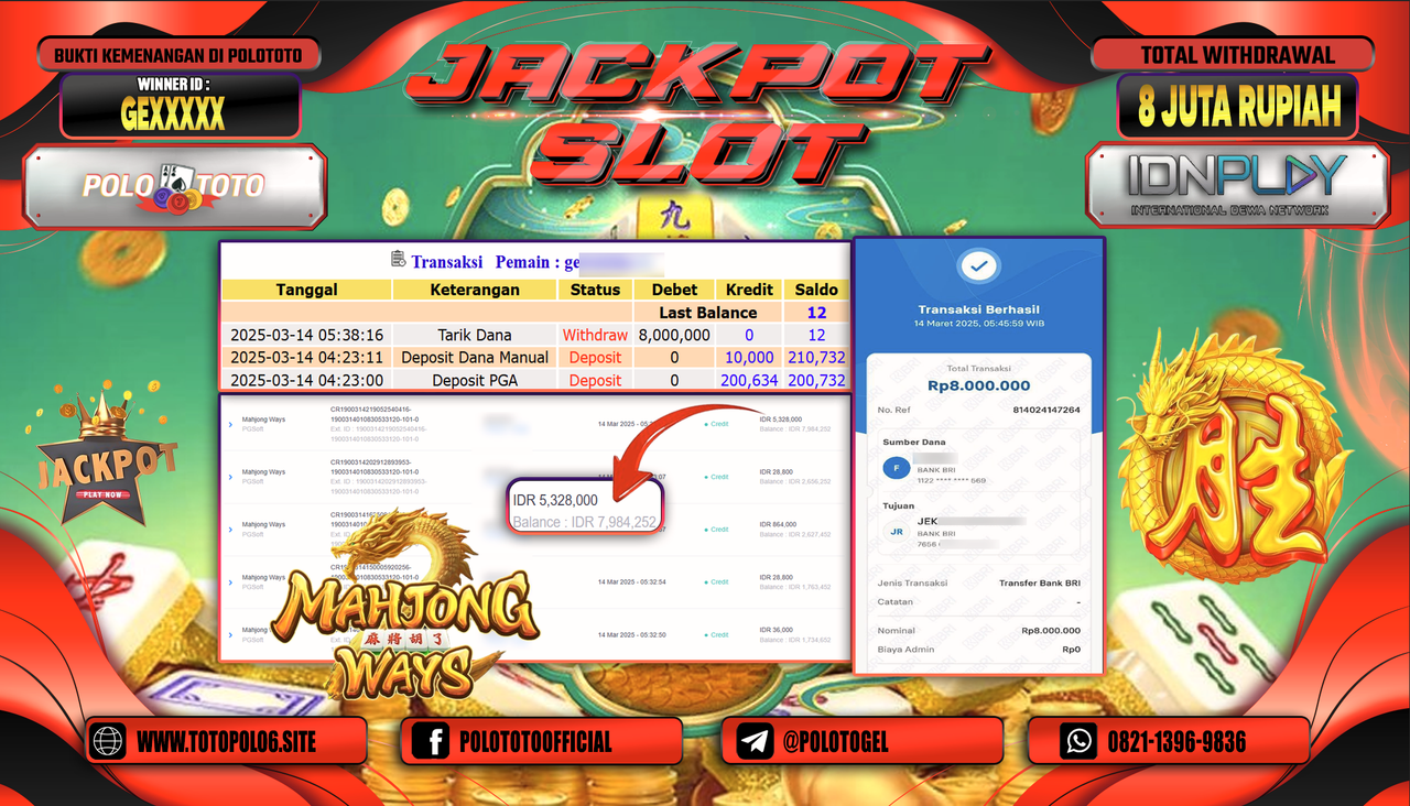 POLOTOTO JACKPOT SLOT MAHJONG WAYS Rp.8.000.000,-