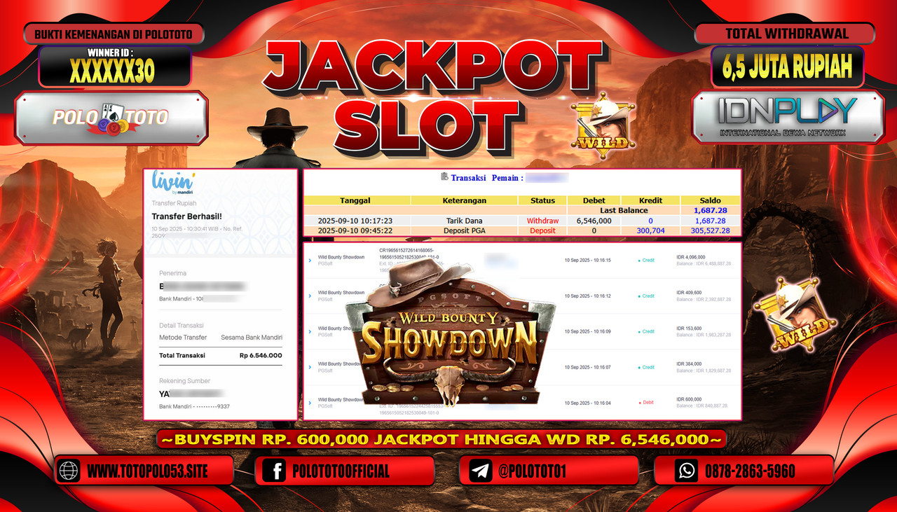 POLOTOTO JACKPOT SLOT WILD BOUNTY SHOWDOWN Rp.6.500.000,-LUNAS