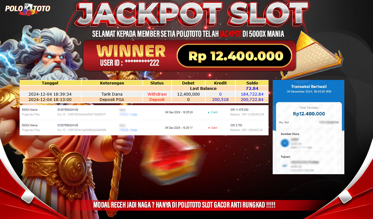 POLOTOTO JACKPOT SLOT 5000X MANIA Rp.12,400.000,-