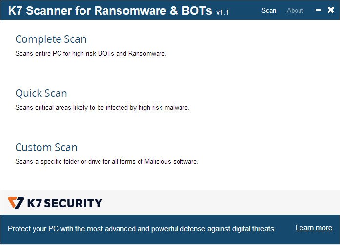 K7 Scanner for Ransomware and BOTs 1.0.0.209