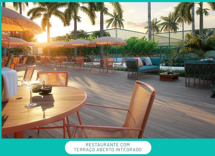 Restaurante sofisticado com ambiente integrado à natureza