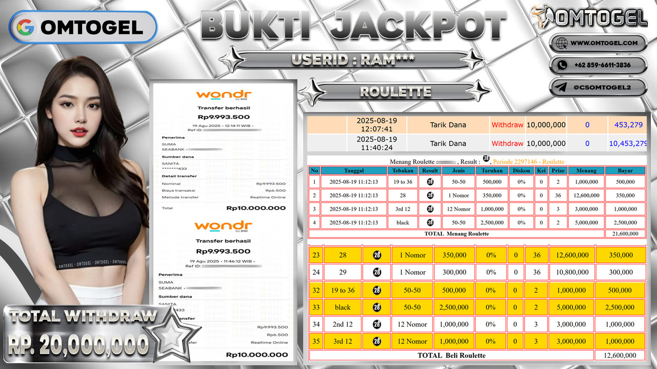OMTOGEL JACKPOT LIVE GAMES ROULETTE 20 JUTA DI BAYAR LUNAS ,-