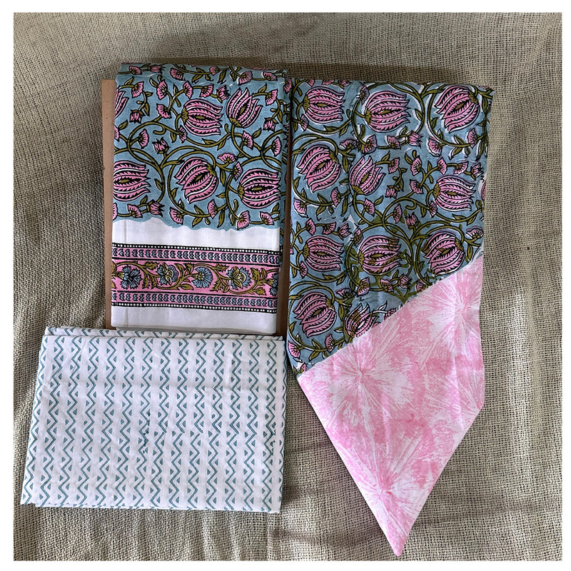 Hand Block Printed Pink and Blue Cotton Dress Material with Blooming Flowers and Dupatta