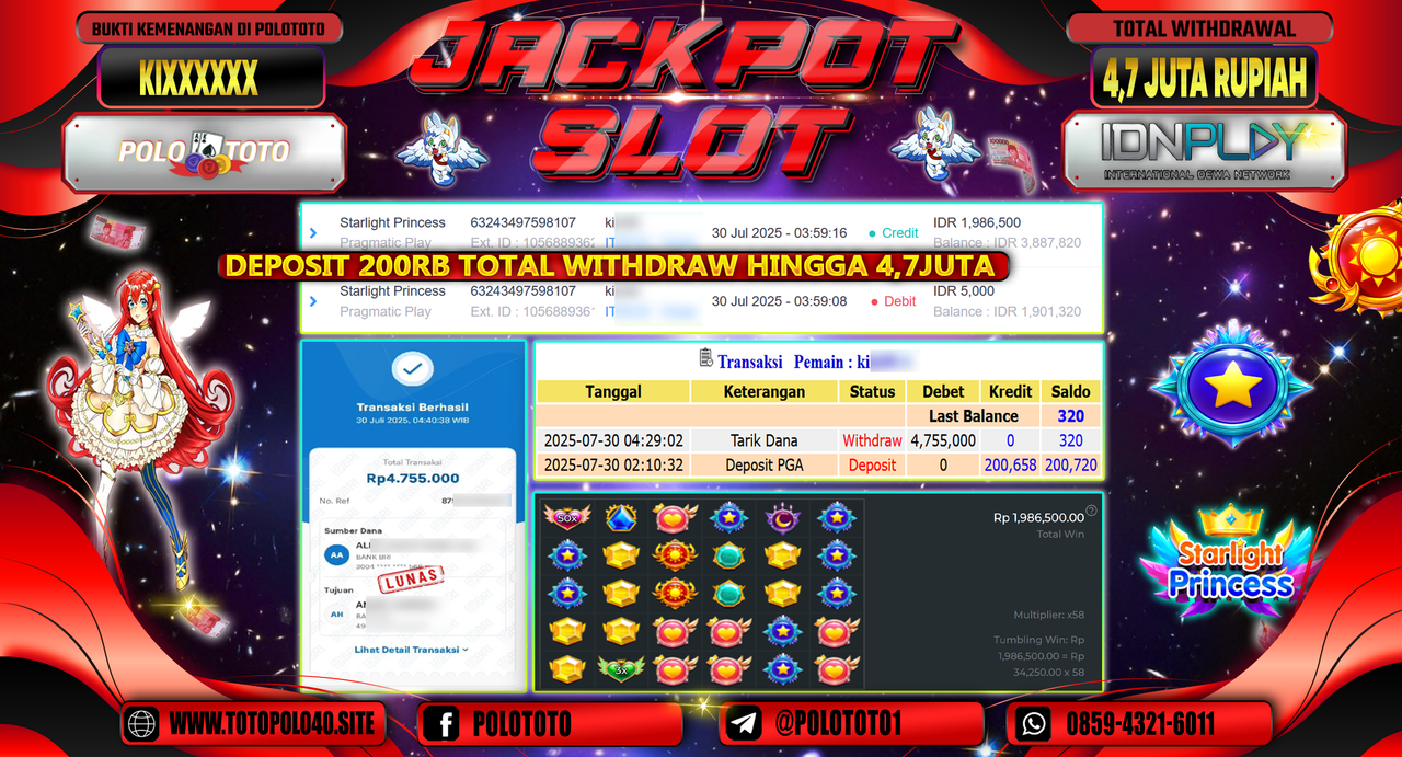 POLOTOTO JACKPOT SLOT STARLIGHT PRINCESS Rp.4.700.000,- LUNAS
