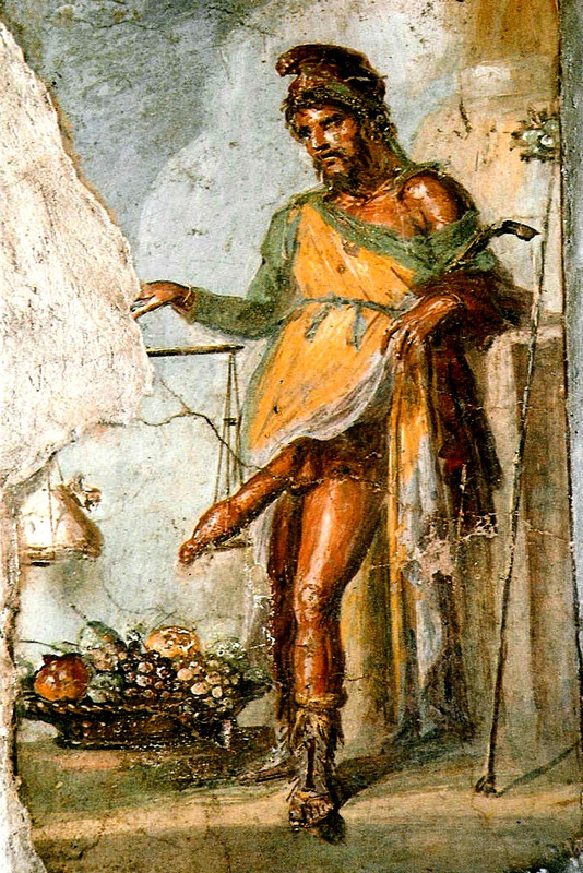Fresco of Priapus Casa dei Vettii Pompeii Depicted weighing his enormous erect penis against a ba