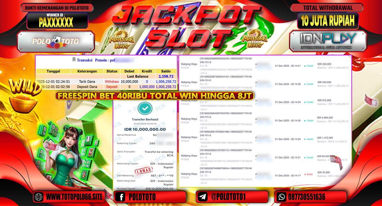POLOTOTO JACKPOT SLOT MAHJONG WAYS Rp.10.000.000,- LUNAS