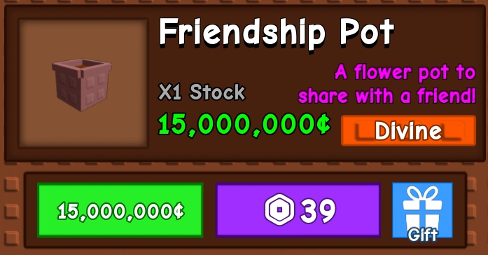 Friendship Pot item in Grow a Garden Roblox – costs 15,000,000 Sheckles in the Gear Shop