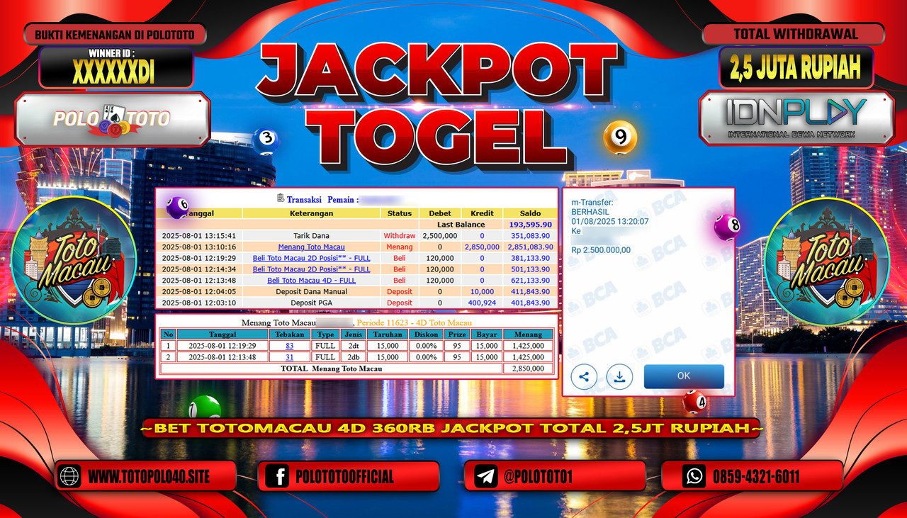POLOTOTO JACKPOT TOGEL TOTO MACAU Rp.2.500.000,- LUNAS