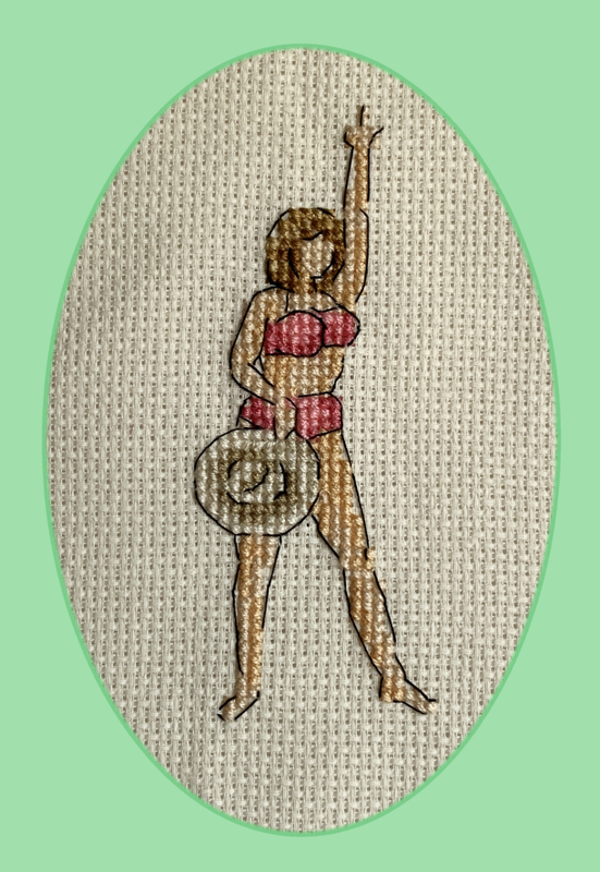 Embroidered artwork of lesbian idiot Jack, wearing a pink bikini and holding a cowboy hat.