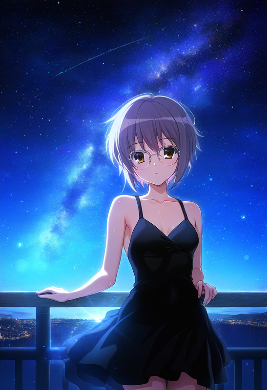 1girl, nagato yuki (suzumiya haruhi no yuuutsu), black dress, Leaning on a rooft s-3161783079