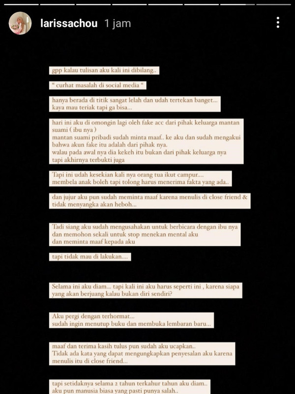 Larissa Chou minta mantan mertuanya alias ibunda Alvin Faiz berhenti menekan mentalnya. 