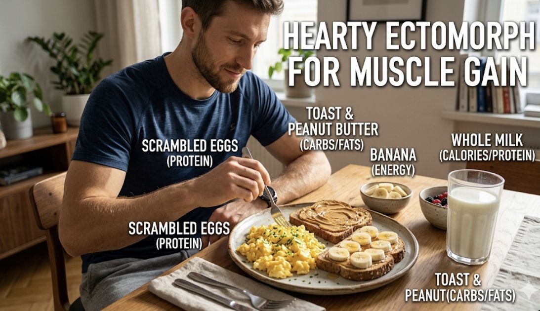 Hearty ectomorph breakfast of scrambled eggs toast peanut butter banana and milk for muscle gain and calorie surplus