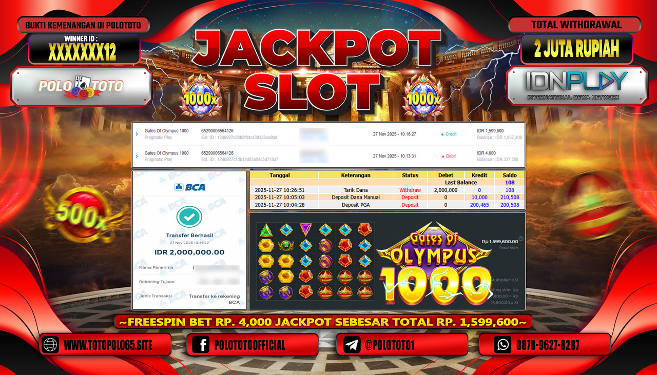 POLOTOTO JACKPOT SLOT GATES OF OLYMPUS 1000 Rp.2.000.000,- LUNAS