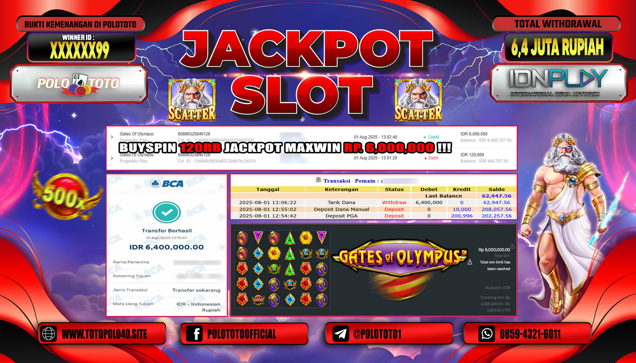 POLOTOTO JACKPOT SLOT GATES OF OLYMPUS Rp.6.400.000,-LUNAS