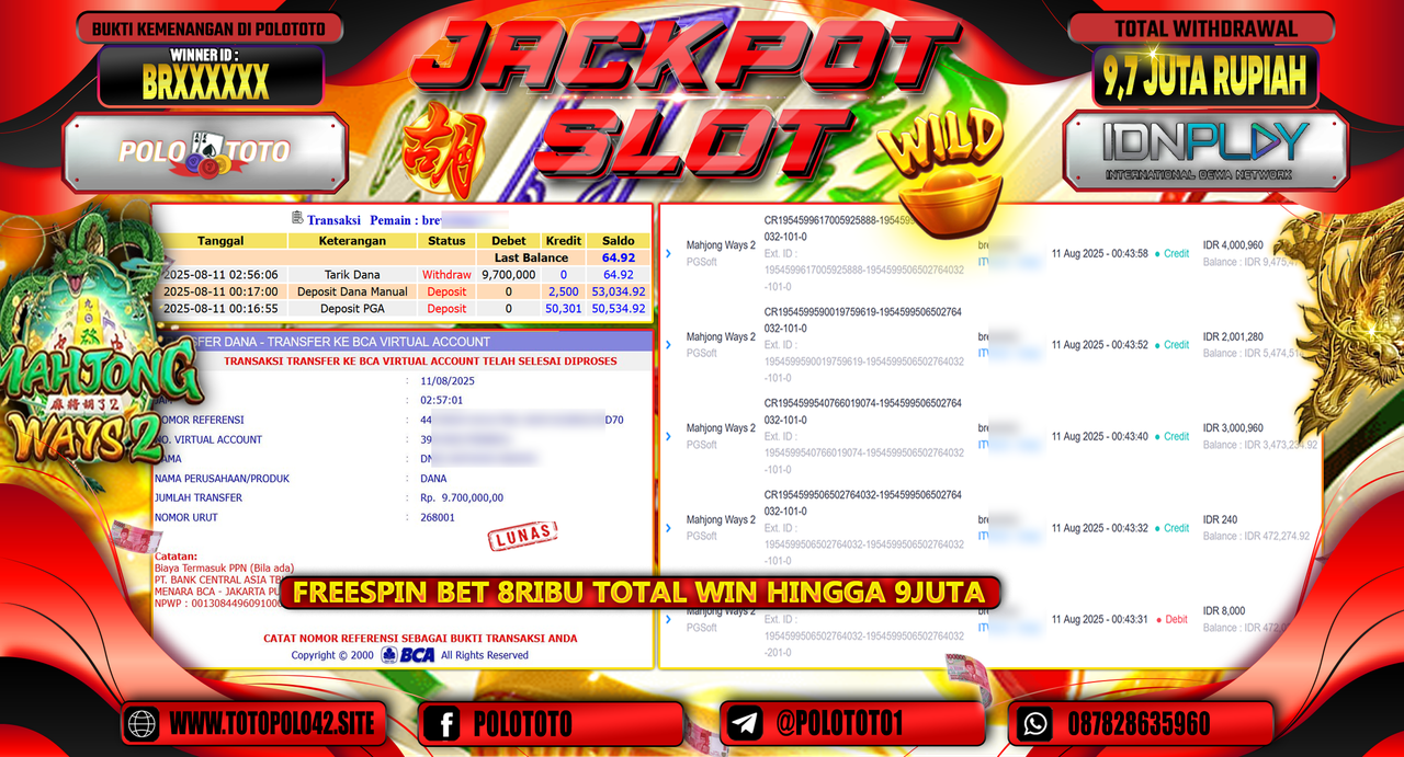 POLOTOTO JACKPOT SLOT MAHJONG WAYS 2 Rp.9.700.000,-LUNAS