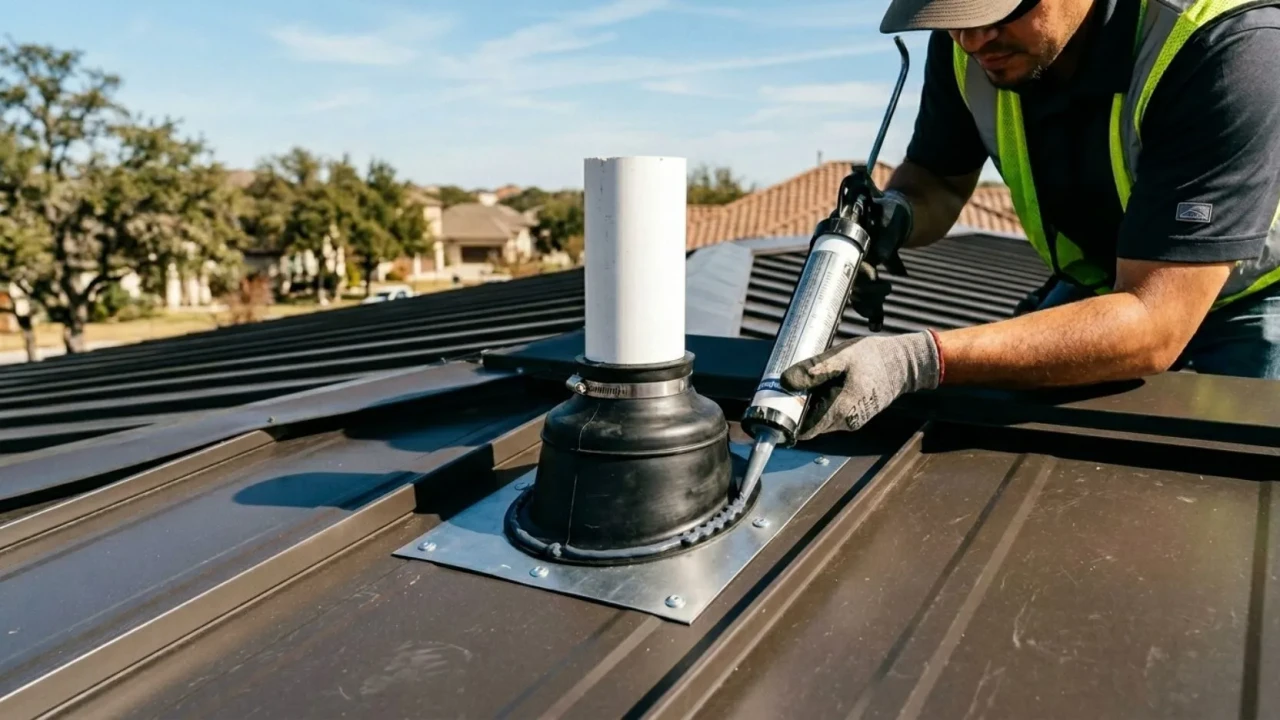 Roof penetration flashing detail on a San Antonio metal roof