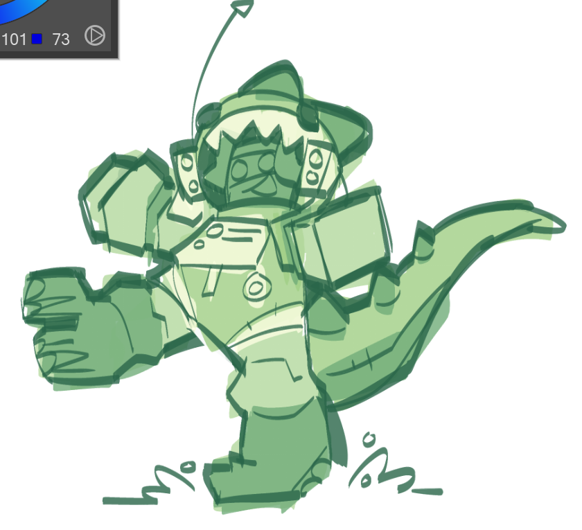 Boombox in an dinosaur-astronaut suit as he stomps around joyfully.