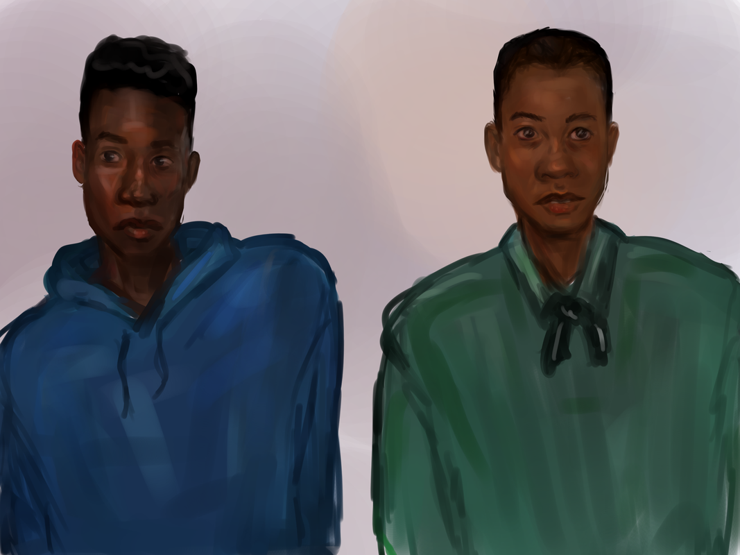 An image by homosekularnost of Murderbot and Three sitting next to each other. The artist says he has taken artistic license with their placement but wants us to pretend that they are sitting a meter and a half apart. Murderbot is a dark-skinned person with short, curly dark hair and a blue hoodie with the strings dangling. It is looking slightly to the left. Three is a dark-skinned person (with a slightly lighter skin tone than Murderbot) with close-cropped dark hair. It is wearing a green hoodie with the strings tied in a bow. It is looking slightly to the right, and its expression is brighter and more open than Murderbot's.