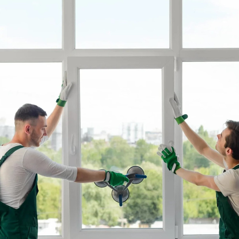 Technicians installing glass window pane