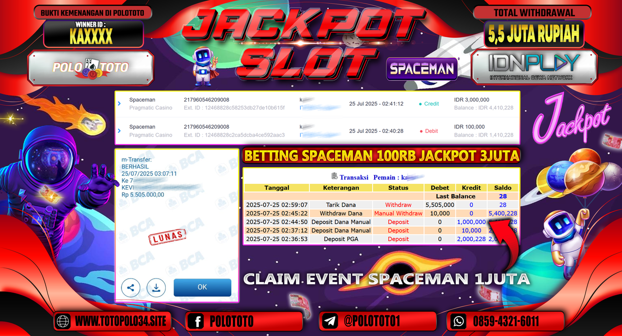 POLOTOTO JACKPOT SLOT SPACEMAN Rp.5.500.000,-LUNAS