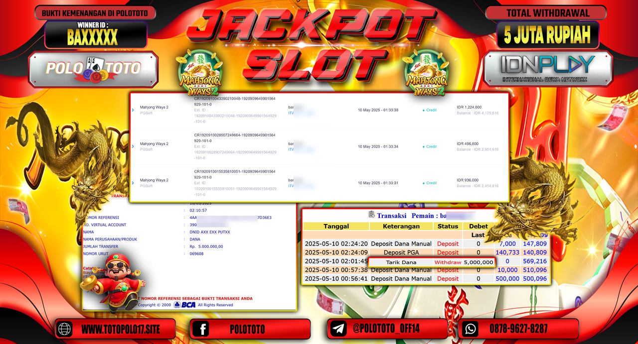 POLOTOTO JACKPOT SLOT MAHJONG WAYS 2 Rp.5.000.000,-