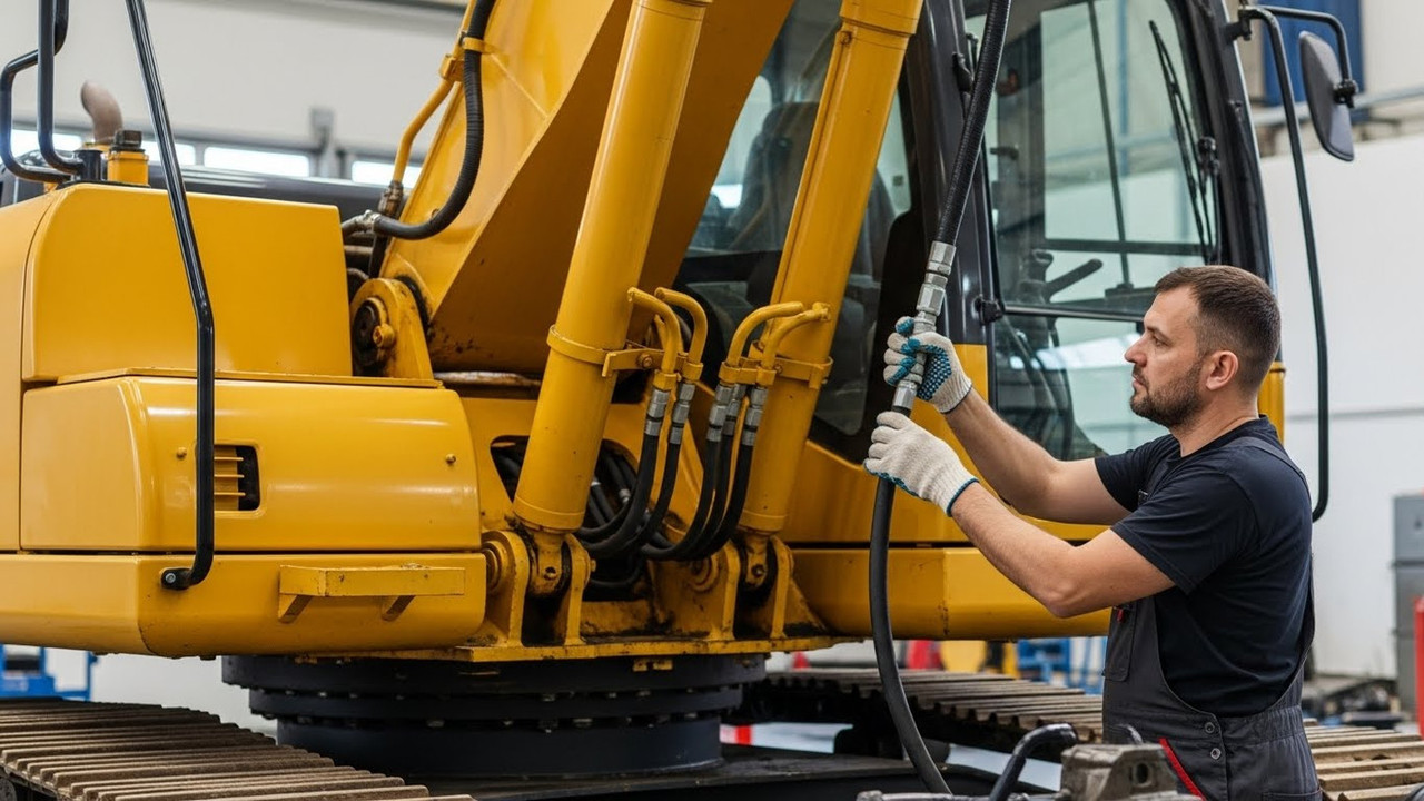 Механик устанавливает новый гидрошланг на технику