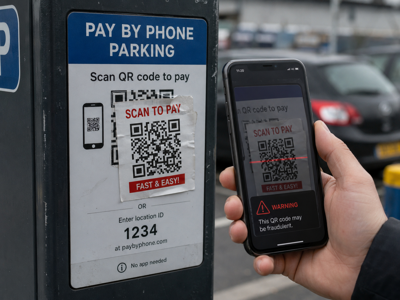 Fake QR code sticker placed over a parking payment sign to steal card details